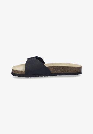 Black slide sandal with a textured upper, cork midsole, and rubber sole. The design features a single strap across the foot and a minimalistic style.