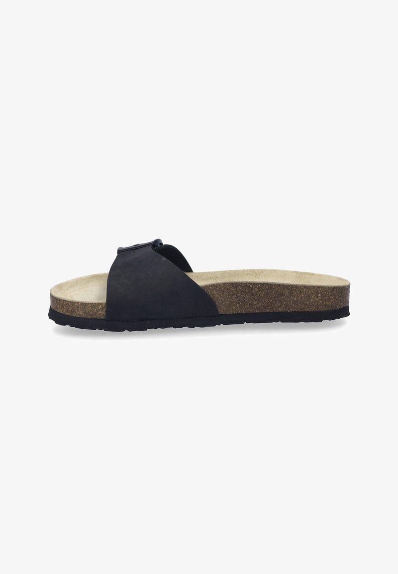 Black slide sandal with a textured upper, cork midsole, and rubber sole. The design features a single strap across the foot and a minimalistic style.