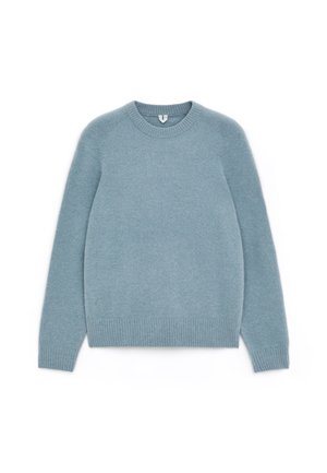 Light blue knitted sweater with long sleeves, round neckline, ribbed hem and cuffs, made from soft, textured material.