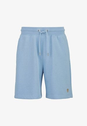 Lichtblauwe katoenen shorts met elastische tailleband, verstelbare trekkoorden, zijzakken en een klein logopatchje aan de linker onderzijde.