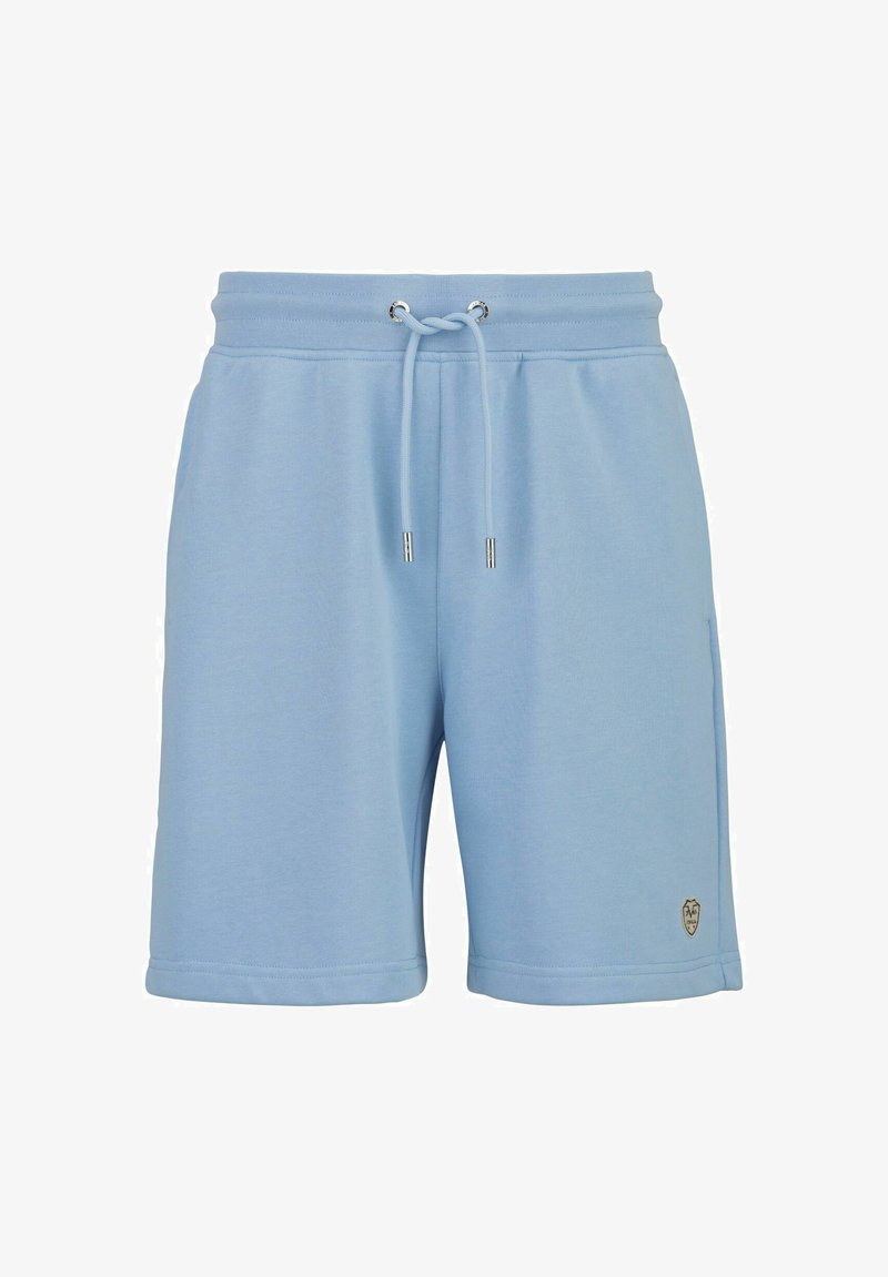 Lichtblauwe katoenen shorts met elastische tailleband, verstelbare trekkoorden, zijzakken en een klein logopatchje aan de linker onderzijde.