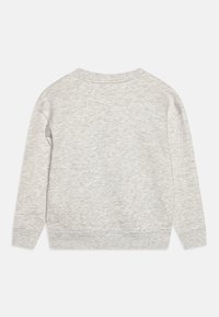 Sudadera gris claro con cuello redondo, hombros caídos y puños y dobladillo acanalados. Confeccionada en un material textil suave con una textura lisa.