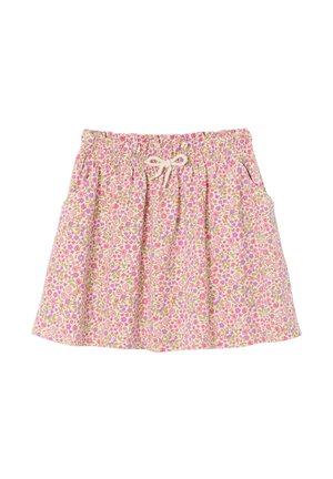 Pink and green floral skirt with elastic waistband and white drawstring, knee-length, with side pockets, on white background.