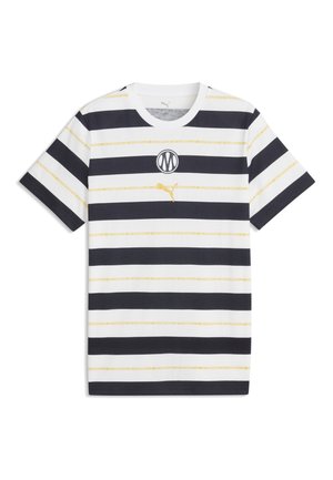 Camicia a maniche corte con strisce orizzontali nere, bianche e gialle, logo M circolare e logo Puma giallo sul petto.