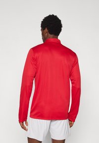 Κόκκινο αθλητικό μπλουζάκι με μακριά μανίκια και ψηλό γιακά, κατασκευασμένο από απαλό ύφασμα. Διαθέτει εφαρμοστά μανίκια και ίσιο τελείωμα. Φοριέται με λευκό σορτς.