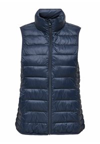 Marineblauwe gewatteerde vest met een hoge kraag en front rits. Heeft een gestikte textuur en een mouwloos ontwerp, ideaal voor het laagjes dragen.