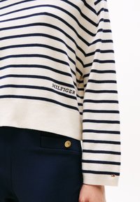 Pull rayé en crème et marine, fabriqué en tissu doux. Il présente une broderie "HILFIGER" et un accent de bouton en or sur le pantalon marine.