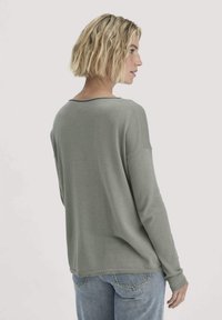 Hellgrüner, gestrickter Pullover mit langen Ärmeln in lässigem Schnitt, runder Ausschnitt und gerippten Bündchen, von hinten an einem Modell präsentiert.