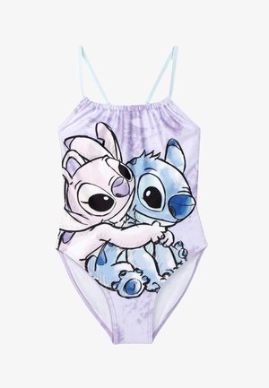 Een eenstukskinderbadpak met dunne bandjes, met daarop de cartoonfiguren Stitch en Angel die elkaar omhelzen op een lichtpaarse achtergrond.