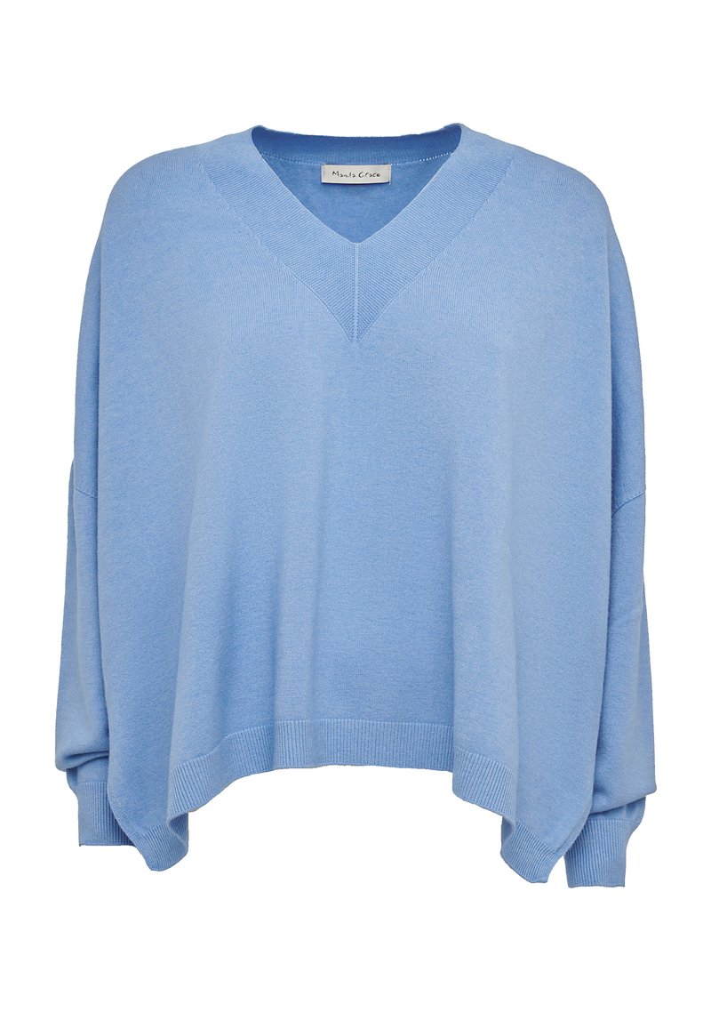 Maglione azzurro chiaro lavorato a maglia con scollatura a V, spalle scese e polsini a costine. Caratterizzato da una vestibilità comoda e una texture morbida.