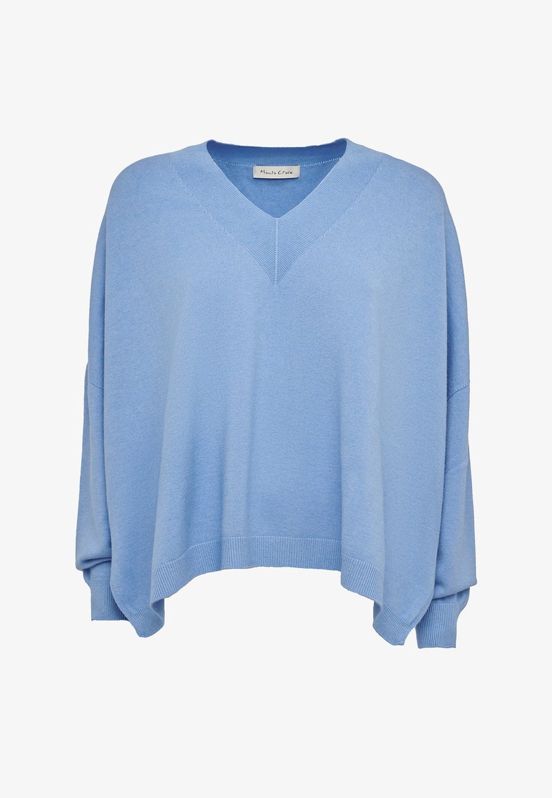 Maglione azzurro chiaro lavorato a maglia con scollatura a V, spalle scese e polsini a costine. Caratterizzato da una vestibilità comoda e una texture morbida.