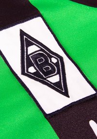 Zwarte, witte en groene stof met een geborduurd schildlogo dat een diamantvorm en een letter 'B' in het midden heeft.