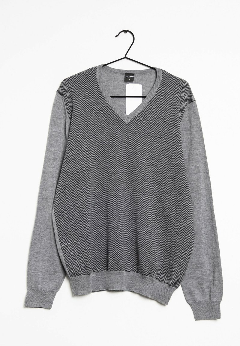 Maglione grigio con scollatura a V, motivo a zigzag sulla parte anteriore e maniche lunghe. Realizzato in morbido tessuto a maglia con polsini e orlo a coste.
