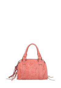 Borsa color corallo realizzata in ecopelle texturizzata. Presenta due manici corti, hardware in tonalità dorata e nappe laterali.