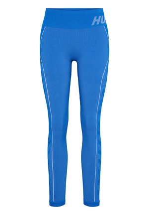 Blå ribbede leggings med en bred talje, der bærer mærkenavnet "HUGO." Indeholder kontrasterende hvide sidelister og en stram pasform.