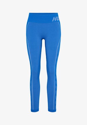 Blauwe geribde leggings met een brede tailleband met daarop de merknaam "HUGO." Inclusief contrasterende witte zijstrepen en een strakke pasvorm.
