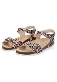 Leopard print sandals featuring pink and black patterns, adjustable ankle straps, a buckle closure, and a light-colored sole.