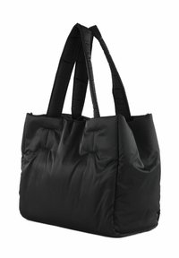 Sac fourre-tout matelassé noir avec deux poignées robustes, texture douce, forme rectangulaire, détails cousus, et extérieur sobre.