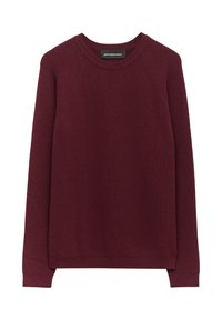 Burgunderfarbener Strickpullover mit gerippter Textur, Rundhalsausschnitt und langen Raglans Ärmeln. Weicher Stoff mit geradem Saum und ohne Knöpfe oder Verzierungen.