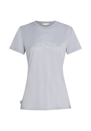 Helles graues T-Shirt mit kurzen Ärmeln aus weichem Stoff, das ein Konturdesign von Berg und Sonne in Weiß auf der Brust zeigt. Schlichte und taillierte Form.