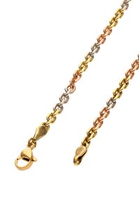Lánc nyaklánc, amely arany, rozéarany és ezüst váltakozó láncszemeiből áll. Arany tónusú homárkapoccsal és finom textúrával rendelkezik.