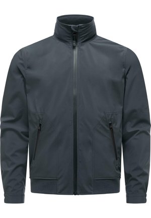 Donkergrijs jasje met ritssluiting, hoge kraag, twee ritssluitzakken aan de voorkant en geribbelde boorden en zoom.