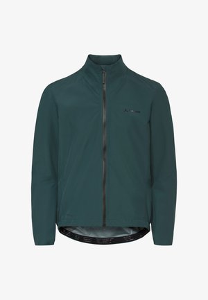 Veste longue à manches longues de couleur vert foncé avec col montant, fermeture éclair à l'avant et ourlet arrière légèrement prolongé, conçue pour une utilisation en extérieur ou sportive.