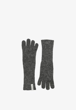 Graue fingerlose Handschuhe aus Wolle mit strukturierter Oberfläche, links mit einzelnen Fingerspitzen und rechts mit längerem Bündchenstil.