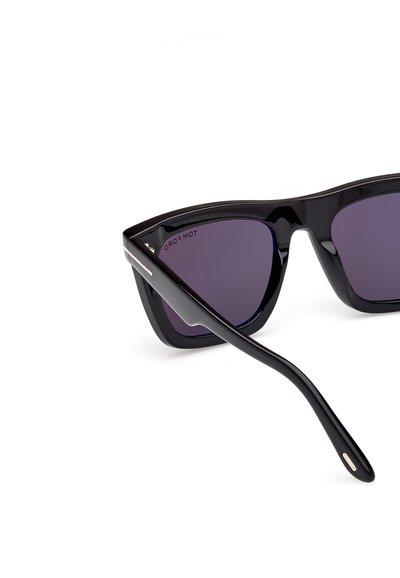 Black plastic cat-eye sunglasses with dark lenses, featuring a sleek design and subtle silver accents on the temples.