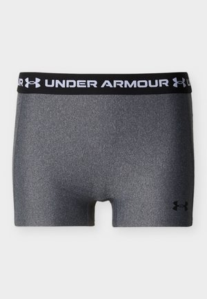Γκρι εσώρουχα συμπίεσης Under Armour με μαύρ η ζώνη μέσης που φέρει λευκό λογότυπο και κείμενο Under Armour, μαύρο λογότυπο κοντά στο τελείωμα του ποδιού.