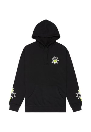 Zwarte hoodie van katoen, met een zak aan de voorkant, een capuchon met trekkoord en grafische accenten in groen en wit op de mouwen en borst.