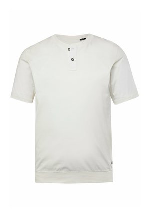 T-shirt bianco a maniche corte con colletto tondo, dotato di un'apertura frontale con due bottoni. Realizzato in tessuto morbido, con una vestibilità comoda.
