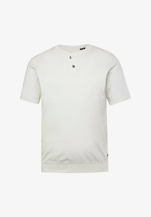 Weißes Kurzarm-T-Shirt mit Rundhalsausschnitt, ausgestattet mit einer Vorderleiste mit zwei Knöpfen. Hergestellt aus glattem Stoff, mit entspannter Passform.