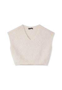 Maglione bianco corto, trama a coste, design a scollo a V, maniche corte e larghe, realizzato in tessuto morbido. Etichetta visibile sul colletto.