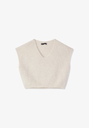 Maglione bianco corto, trama a coste, design a scollo a V, maniche corte e larghe, realizzato in tessuto morbido. Etichetta visibile sul colletto.