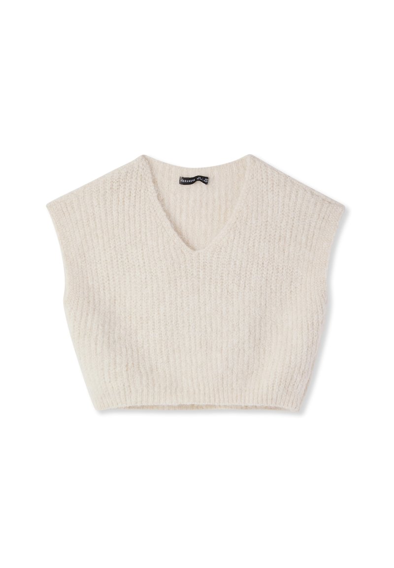 Maglione bianco corto, trama a coste, design a scollo a V, maniche corte e larghe, realizzato in tessuto morbido. Etichetta visibile sul colletto.