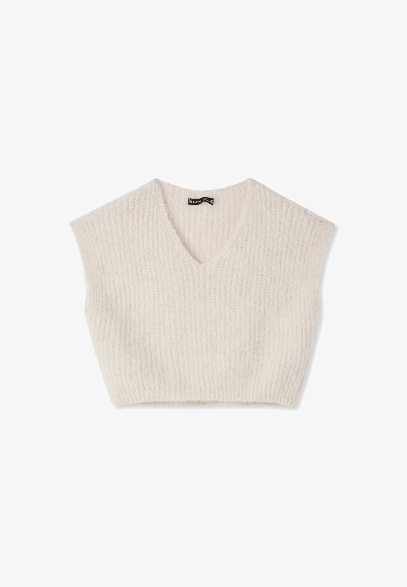 Maglione bianco corto, trama a coste, design a scollo a V, maniche corte e larghe, realizzato in tessuto morbido. Etichetta visibile sul colletto.