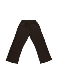 Brown wide-leg pants with elastic waistband, laid flat on a white background.