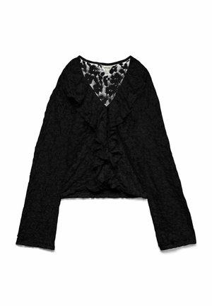 Zwarte blouse met lange mouwen, een rimpelige V-hals en een gestructureerde stof, met een luipaardprint binnenvoering bij de kraag.
