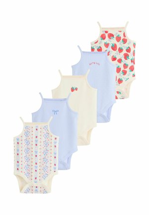 Fünf Babybodys mit dünnen Trägern, verziert mit Erdbeermotiven, blauen Schleifen, Streifen und gestickten Details in Pastelltönen.