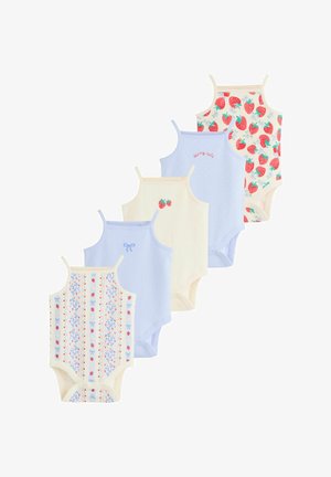 Viis beebibodiesi õhukeste rihmadega, millel maasika mustrid, sinised paelad, triibud ja tikkimismustrid pastelltoonides.