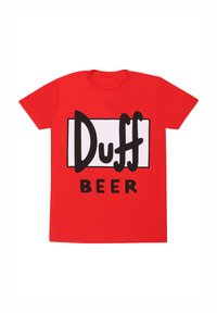 T-shirt rossa in cotone con una grande grafica in bianco e nero con il testo "Duff Beer" in un font audace e giocoso. Maniche corte, colletto tondo.