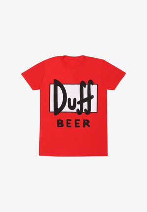 Rotes Baumwoll-T-Shirt mit einem großen schwarz-weißen Grafikdesign, das den Text "Duff Beer" in fetter, verspielter Schriftart zeigt. Kurze Ärmel, Rundhalsausschnitt.