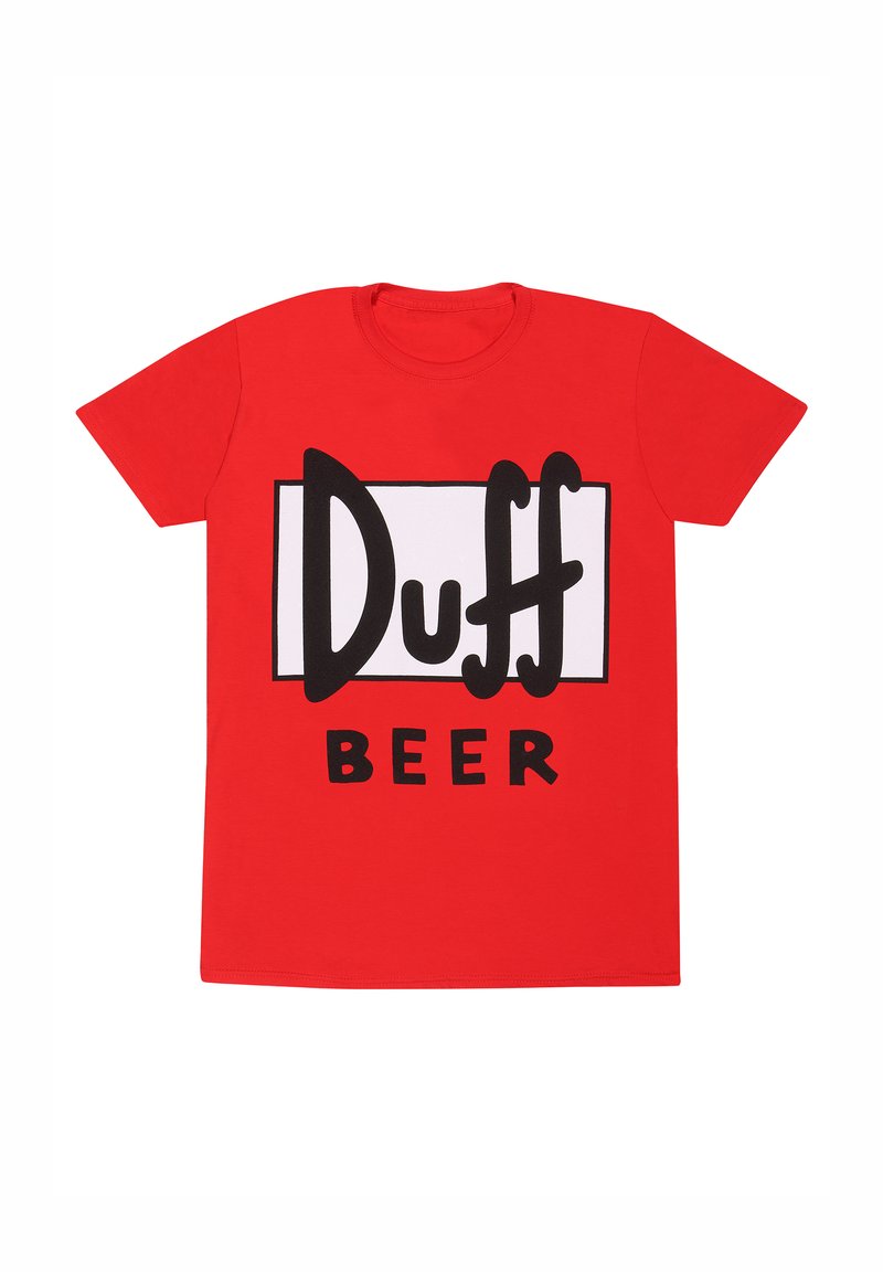 T-shirt rossa in cotone con una grande grafica in bianco e nero con il testo "Duff Beer" in un font audace e giocoso. Maniche corte, colletto tondo.