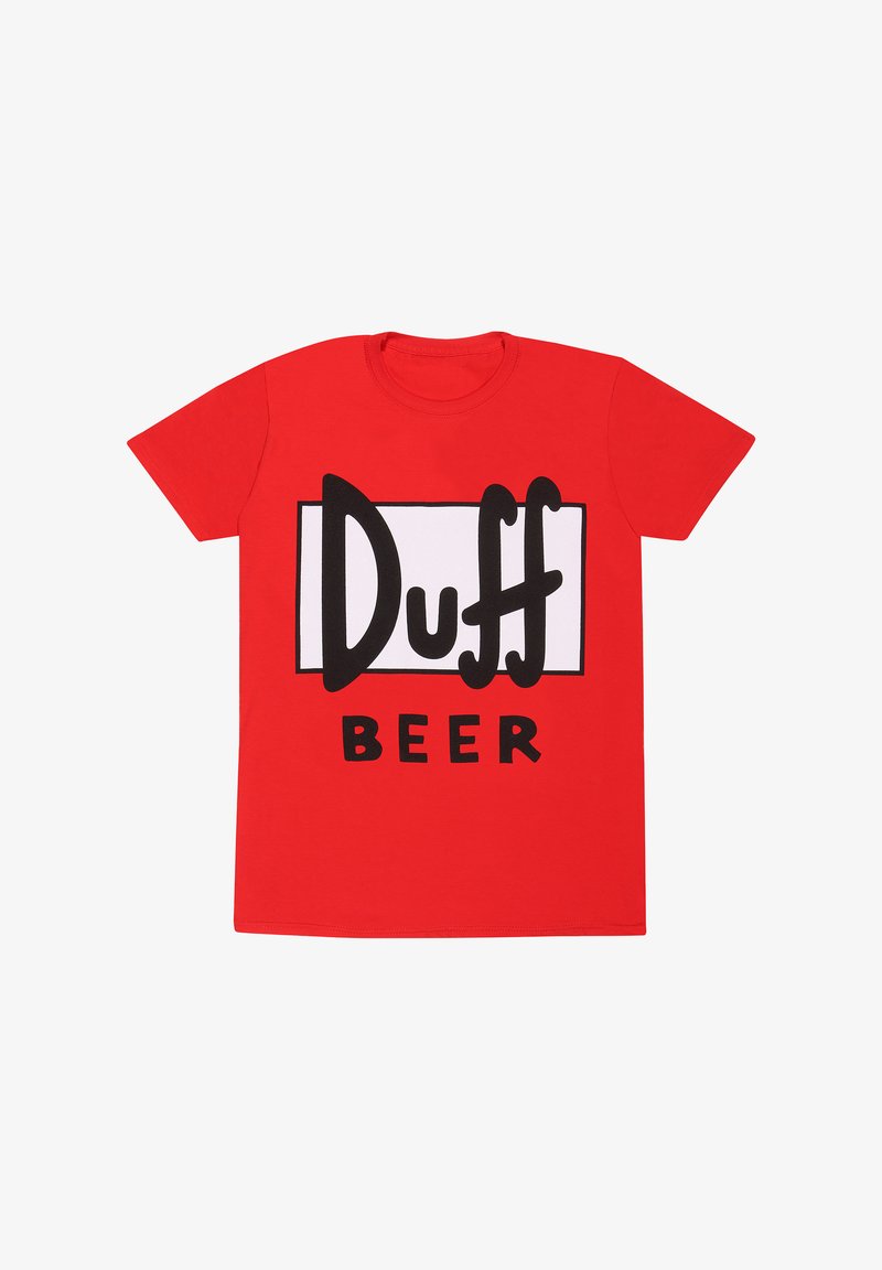 T-shirt rossa in cotone con una grande grafica in bianco e nero con il testo "Duff Beer" in un font audace e giocoso. Maniche corte, colletto tondo.