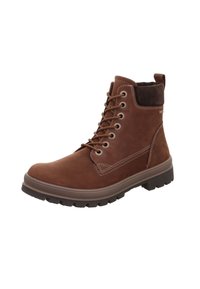 Hnědé kožené kotníkové boty s texturovaným svrškem, šněrovací design, kulatou špičkou a robustní gumovou podrážkou. Kontrastní švy.