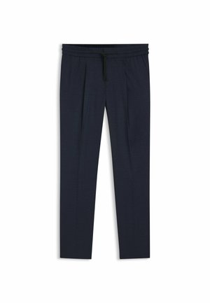 Navyblaue Hosen aus weichem Stoff, mit einem Kordelzugbund und zwei vorderen Falten für eine lässige Passform. Gerades Bein Design.