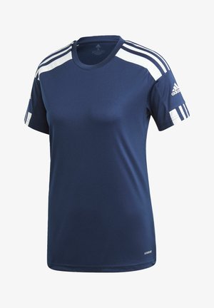 Camiseta deportiva de manga corta azul marino con rayas blancas de Adidas en los hombros y las mangas, cuello redondo y logo en la manga izquierda.