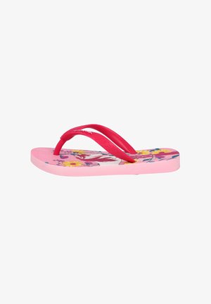 Chanclas rosas con estampado floral en la plantilla, con tiras de goma rojas y una suela texturizada para agarre. Diseño ligero y casual.