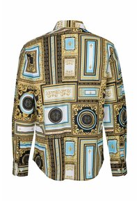 Langärmliges Hemd mit einem mehrfarbigen barocken Muster in Schwarz, Gold und Blau. Hergestellt aus glattem, leichtem Stoff.